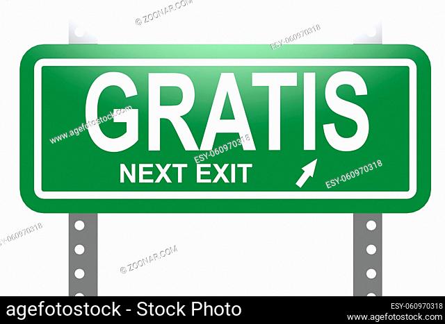 Gratis word with green sign board isolated , 3D rendering