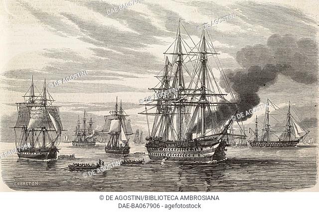 French ships Eylau, Napoleon and Impetueux inspecting suspect vessels in the Adriatic Sea, under the command of Rear Admiral Edmond Jurien de La Graviere...