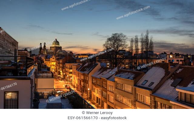 Brussels Capital Region - Belgium. - Panoramic view over the Brussels skyline during sunset with warm tones