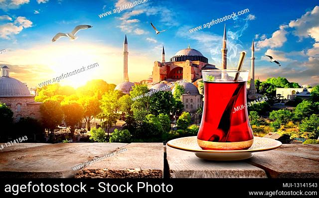 Tea and Hagia Sophia at sunset in Istanbul, Turkey