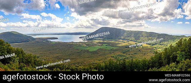 Italy, Lazio, Panoramic view of clouds over Lake Vico and surrounding landscape