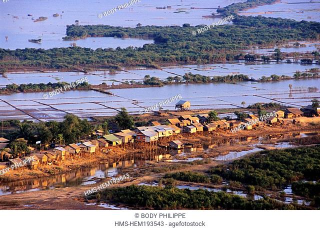 Cambodia, Siem Reap Province, Chong Kneas, floating village on Tonle Sap Lake, Biosphere Reserve aerial view