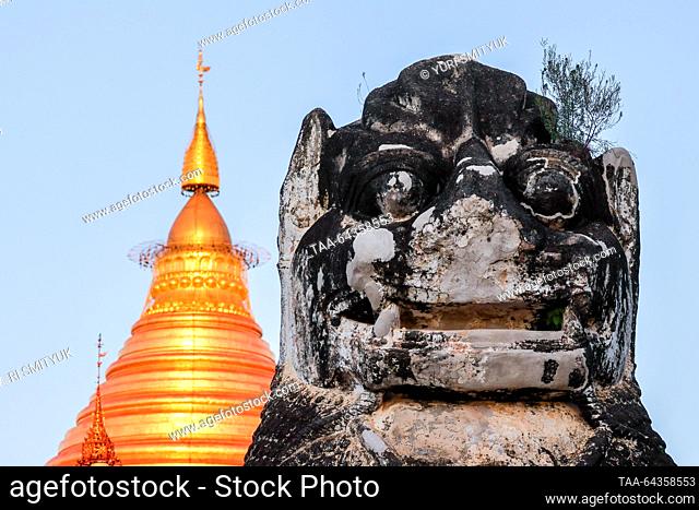 MYANMAR, BAGAN - OCTOBER 29, 2023: A statue of a lion is seen at a Buddhist temple complex. Yuri Smityuk/TASS