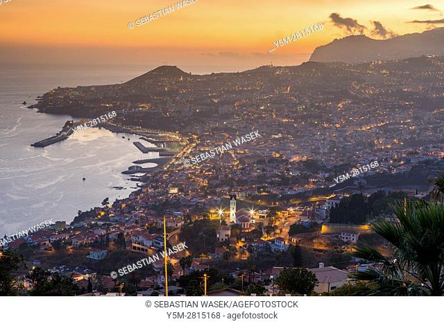 Panoramic view of Funchal at sunset from Neves viewpoint, Madeira, Portugal