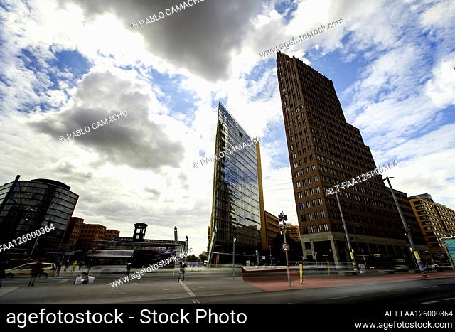 Low angle view of Potsdamer Platz 11 and Kollhoff Tower in Potsdamer Platz Square, Berlin City