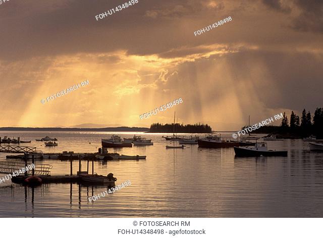 lobster boats, Stonington, ME, Maine, Deer Isle, Scenic sunset over Burnt Cove in the lobstering village of Stonington on Deer Isle on the Atlantic Ocean
