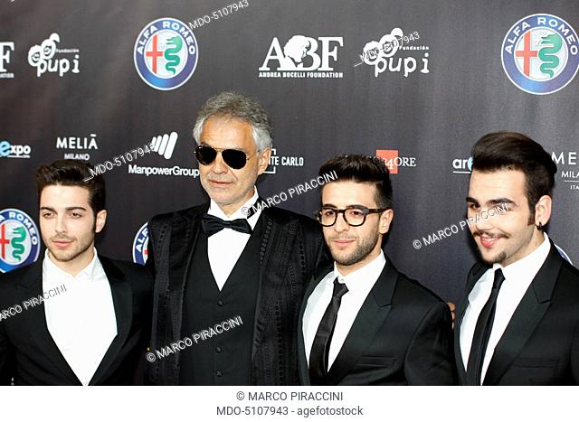 Italian singer Andrea Bocelli posing with Italian pop trio Il Volo (Gianluca Ginoble, Piero Barone e Ignazio Boschetto) on the red carpet of the charity concert...