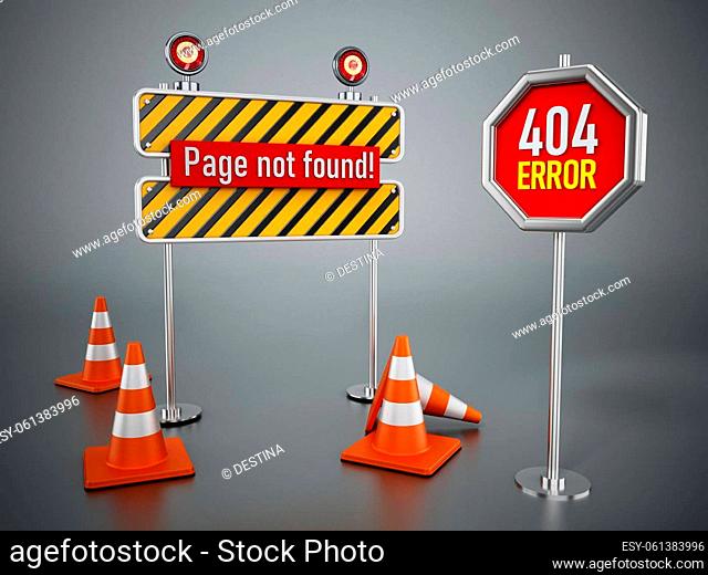 404 web page not found error signboard and traffic cones. 3D illustration
