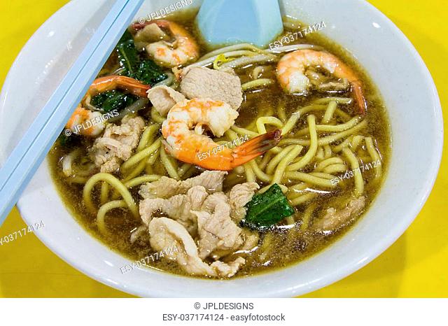 Hokkien Prawn Mee Soup Noodles with Pork and Vegetables Closeup