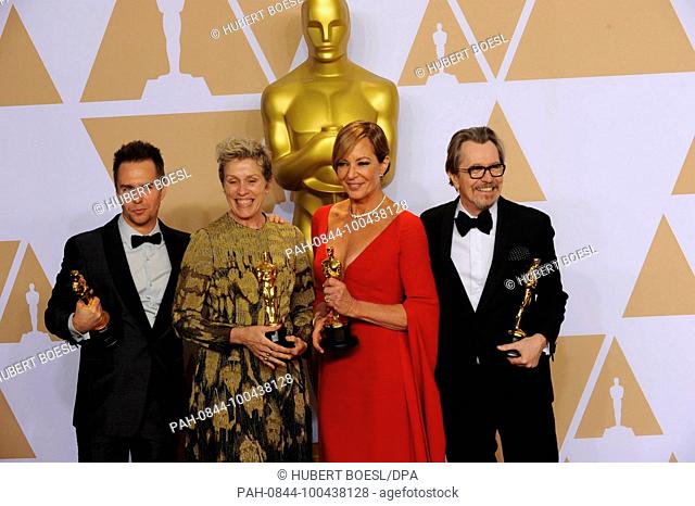 Sam Rockwell (l-r), Frances McDormand, Allison Janney and Gary Oldman pose in the press room of the 90th Annual Academy Awards, Oscars
