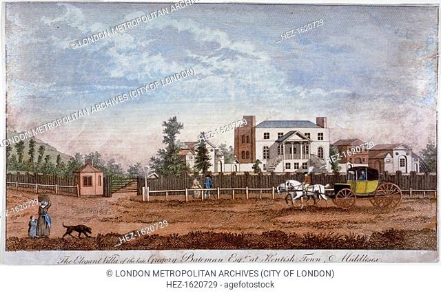 Gregory Bateman's Villa, Green Street, Kentish Town, London, 1792. View with figures in the street and a horse and carriage passing by