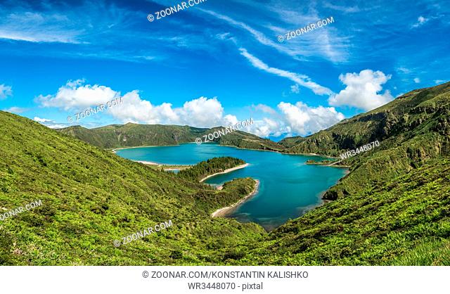Panoramic view of Fogo lake in Sao Miguel Island, Azores, Portugal