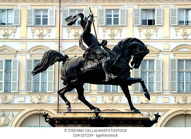 Equestrian statue of Emmanuel Philibert Iron-head, duke of Savoy at San Carlo Square. Turin. Italy