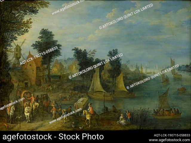 Village on the Bank of a River, Village on the banks of a river. View of a village on a river. On the left all kinds of figures, a carriage