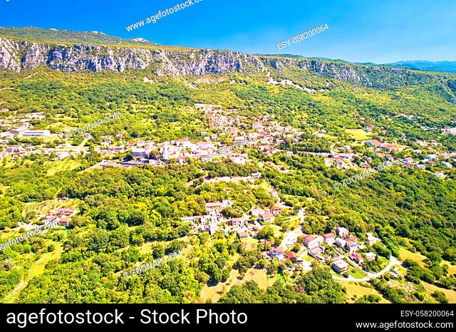 Historic town of Bribir in Vinodol valley aerial view, Kvarner region of Croatia