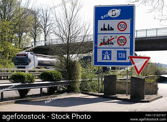 Herongen, Germany April 10th, 2020: Symbol pictures - Coronavirus - 04/10/2020 border sign Germany, border Netherlands, traffic sign