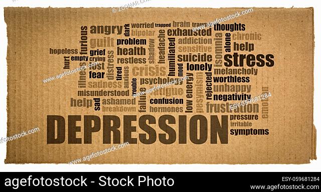 depression word cloud on a piece of corrugated cardboard, wellbeing and mental health concept
