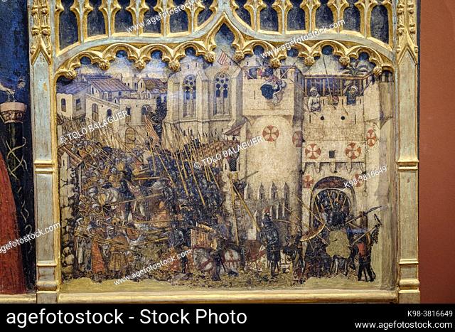 entrada de las tropas cristianas a la ciudad musulmana de Mallorca, fragmento de la predela pintada por Rafel Mòger, retablo de Sant Jordi