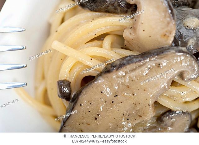 Italian spaghetti pasta and fresh wild mushrooms on rustic wood table