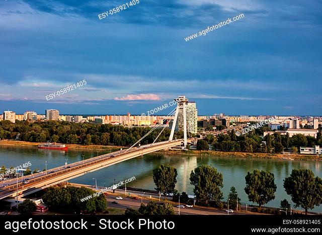 Bratislava capital city skyline with Most SNP - New Bridge on Danube river, Slovakia