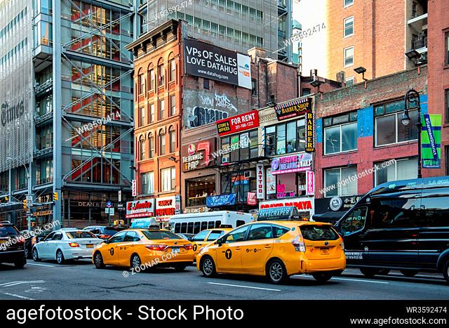 New York City / USA - JUL 13 2018: Seventh avenue street view at rush hour in midtown Manhattan