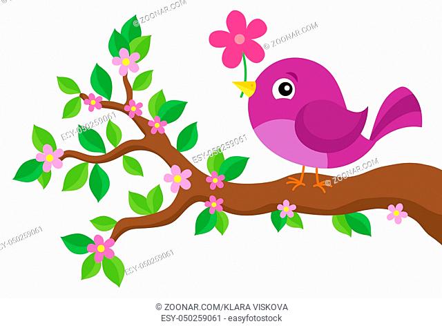 Stylized bird on spring branch theme 4 - picture illustration
