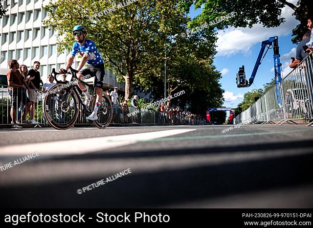 26 August 2023, North Rhine-Westphalia, Essen: Cycling: Tour of Germany, Arnsberg - Essen (174.00 km), stage 3. Harm Vanhoucke (76) rides on the route in...
