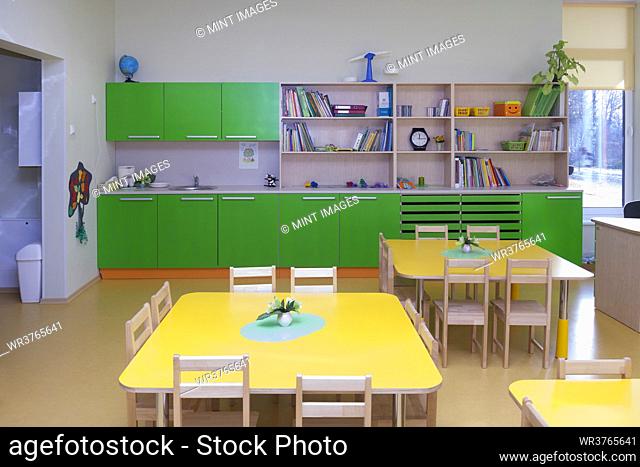 Day care nursery or pre-school kindergarten school, spacious interiors, classroom