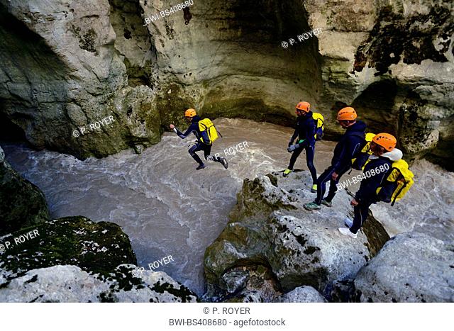 group jumping into wild river in the great canyon of Verdon, France, Provence, Verdon