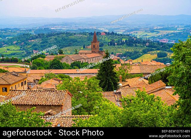 Perugia, Umbria / Italy - 2018/05/28: Panoramic view of Perugia and Umbria region mountains and hills with St. Juliana Cistercian church and monastery - Chiesa...