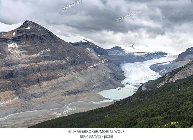 View in valley with glacier tongue, Parker Ridge, Saskatchewan Glacier, Athabasca Glacier, Jasper National Park National Park, Canadian Rocky Mountains, Alberta