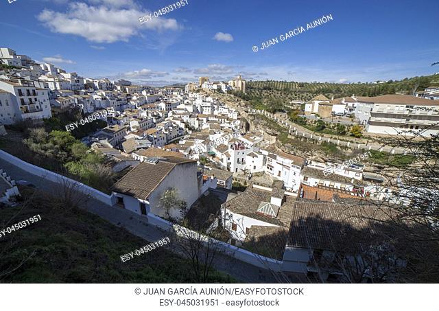 Overview of Setenil de las Bodegas, Cadiz, Spain. This pueblo blanco is well-known for dwellings built into rock