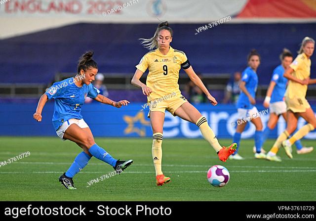 Italy's Flaminia Simonetti and Belgium's Tessa Wullaert pictured in action during a game between Belgium's national women's soccer team the Red Flames and Italy