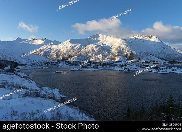 View of the snow covered mountains and landscape from the Sildpollnes Sjocamp area near Svolvaer on Austvag Island in the Lofoten Islands, Nordland County