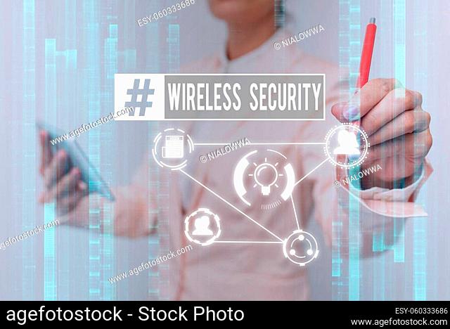 Hand writing sign Wireless Security, Business overview prevention of unauthorized access or damage to computers Lady In Uniform Touching And Using Futuristic...