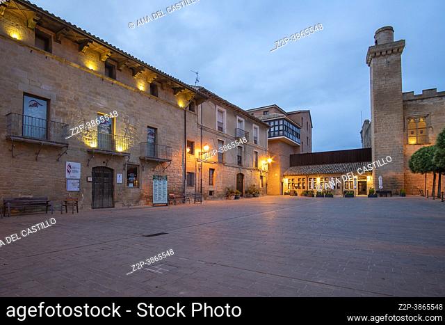Olite village with its Royal Palace in Navarre, Spain the illuminated state run hotel