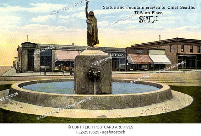 Statue and fountain dedicated to Chief Seattle, Tilikum Place, Seattle, Washington, USA, 1913. Vintage postcard. Seattle (c1780-1866) was a Duwamish chief who...