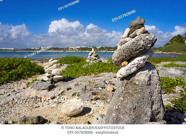 Akumal bay Cairn stone stacked in Riviera Maya of Mayan Mexico