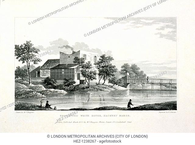 View of Beresford White House, Hackney Marsh, Hackney, London, 1830. The building was also known as Beresford's Fishery or White House Fishery; shows figures...