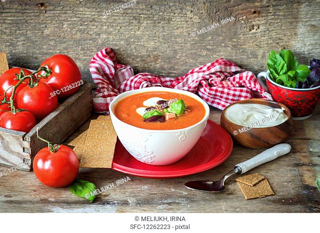 Hot tomato puree soup with beans, decorated with sour cream and basil