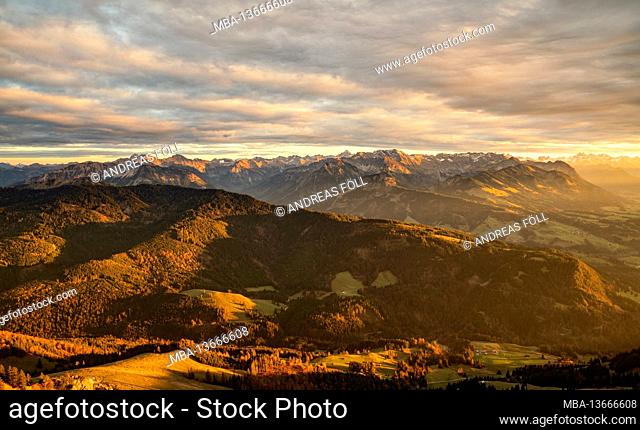 Mountain landscape in dramatic light at sunset. View from Grünten to the Allgäu Alps. Bavaria, Germany, Europe