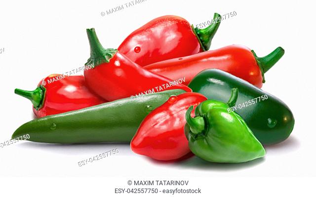 Mix of whole hot peppers: Jalapeno, Habanero, Serrano. Ingredients for hot sauce. Mexican cuisine. Clipping paths, shadow separated