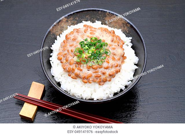 Japanes food, cooked white rice with natto