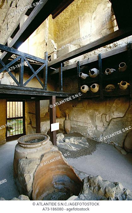 Ancient shop, House of Neptune and Amphitrite. Ruins of the old Roman city of Herculaneum. Italy