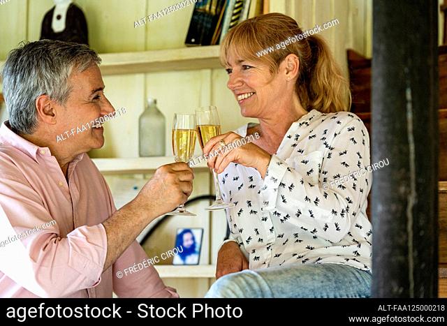 Senior couple toasting champagne flutes