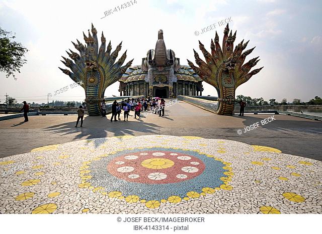 Elephant Temple Thep Wittayakhom Vihara, Wittayakom, mosaic, ceramic mosaic in front of the bridge of the two Naga kings, Wat Baan Rai, Korat