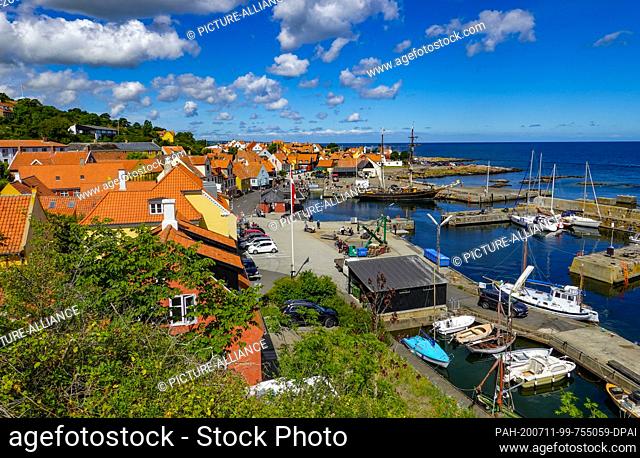 09 July 2020, Denmark, Gudhjem: City view of Gudhjem, a small town on the north coast of the Danish Baltic Sea island Bornholm