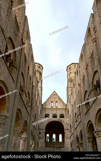 Jumieges, Normandy / France - 13 August 2019: detail view of the ruins of the old abbey and Benedictine monastery at Jumieges in Normandy in France