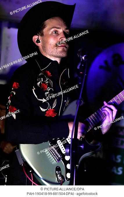 17 April 2019, Mexico, Mexiko-Stadt: Guitarist Flo ""El Norteño during his performance with the Franconian band ""Los Pistoleros Güeros"" in the Pulquería Las...