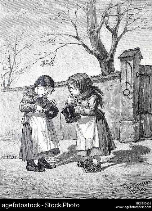Kinder beim Auslecken von Kochtöpfen, Historisch, digitale Reproduktion einer Originalvorlage aus dem 19. Jahrhundert
